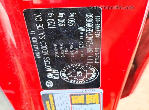 3KPF24AD7KE080680 2019 KIA FORTE Red Engine compartment view
