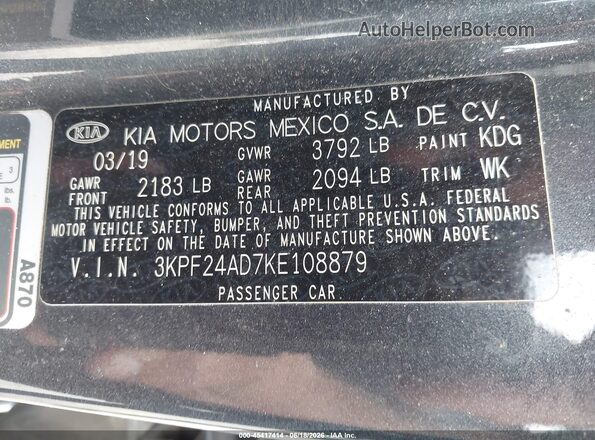 3KPF24AD7KE108879 2019 KIA FORTE Gray Engine compartment view