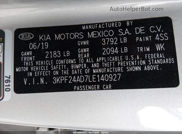 3KPF24AD7LE140927 2020 KIA FORTE Silver Vista del compartimento del motor