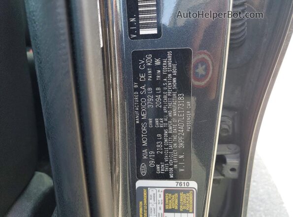 3KPF24AD7LE173183 2020 KIA FORTE Gray 