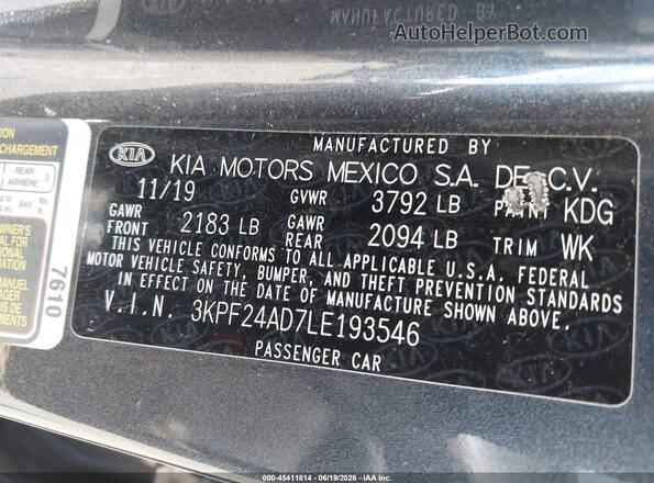 3KPF24AD7LE193546 2020 KIA FORTE Gray ძრავის განყოფილების ხედი