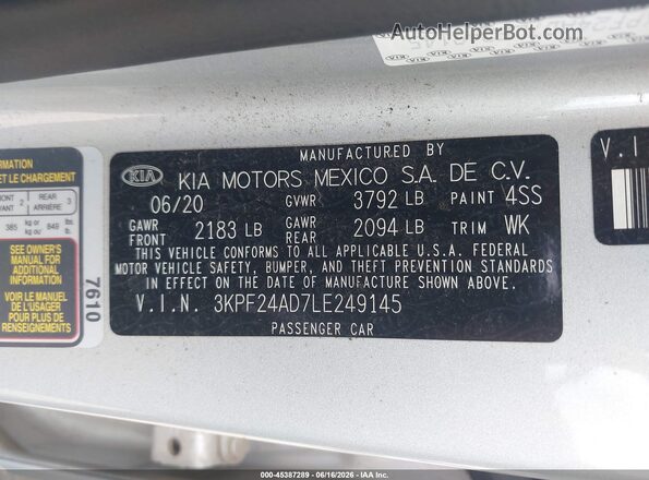 3KPF24AD7LE249145 2020 KIA FORTE Silver Widok komory silnika