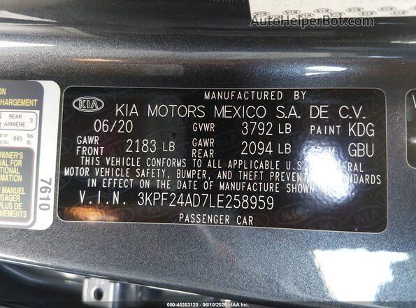3KPF24AD7LE258959 2020 KIA FORTE Blue Շարժիչի բաժամունքի տեսք