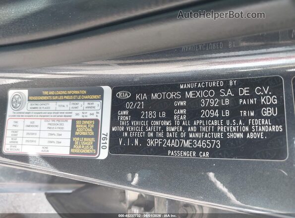 3KPF24AD7ME346573 2021 KIA FORTE Gray Вид підкапотного простору