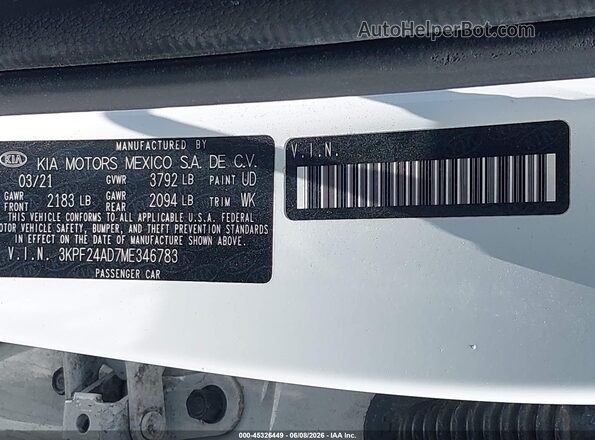 3KPF24AD7ME346783 2021 KIA FORTE White Вид підкапотного простору