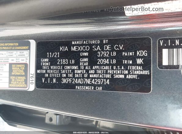 3KPF24AD7NE429714 2022 KIA FORTE Gray 