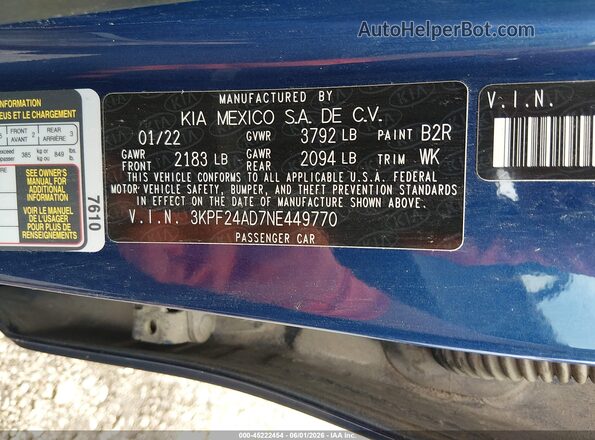 3KPF24AD7NE449770 2022 KIA FORTE Blue Вид підкапотного простору