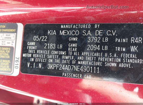 3KPF24AD7NE490111 2022 KIA FORTE Red Widok komory silnika