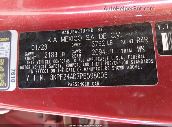 3KPF24AD7PE598005 2023 KIA FORTE Red Շարժիչի բաժամունքի տեսք