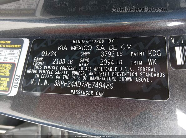 3KPF24AD7RE749489 2024 KIA FORTE Black Dashboard view