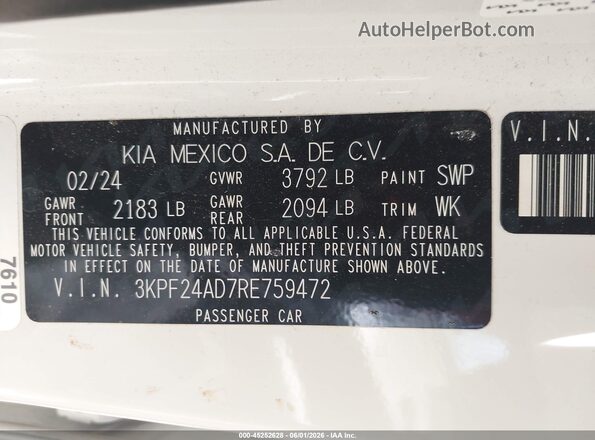 3KPF24AD7RE759472 2024 KIA FORTE White ძრავის განყოფილების ხედი