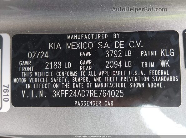 3KPF24AD7RE764025 2024 KIA FORTE Gray Շարժիչի բաժամունքի տեսք