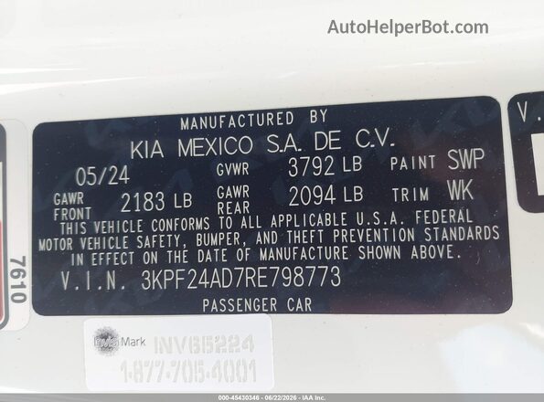 3KPF24AD7RE798773 2024 KIA FORTE White Շարժիչի բաժամունքի տեսք
