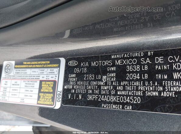 3KPF24AD8KE034520 2019 KIA FORTE Gray Vista del compartimento del motor