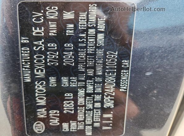 3KPF24AD8KE110592 2019 KIA FORTE Gray Engine compartment view