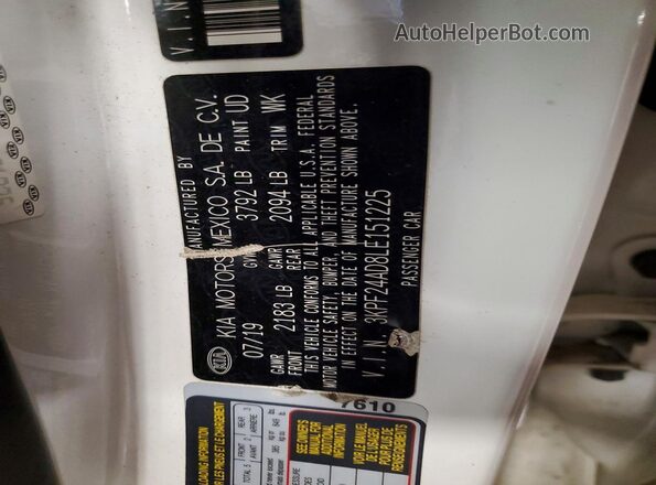 3KPF24AD8LE151225 2020 KIA FORTE White 