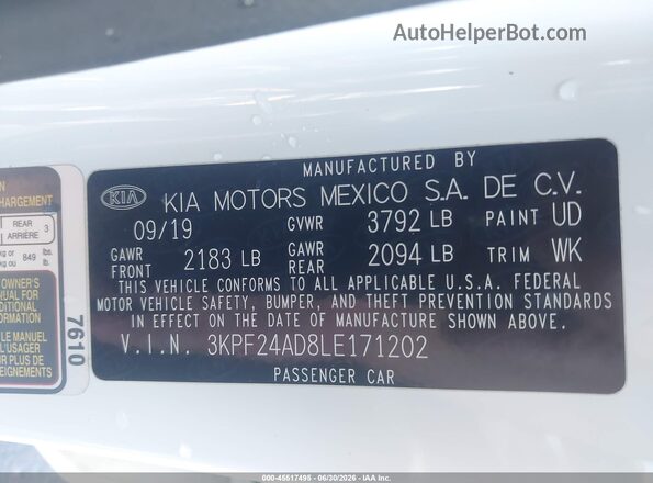 3KPF24AD8LE171202 2020 KIA FORTE White Շարժիչի բաժամունքի տեսք