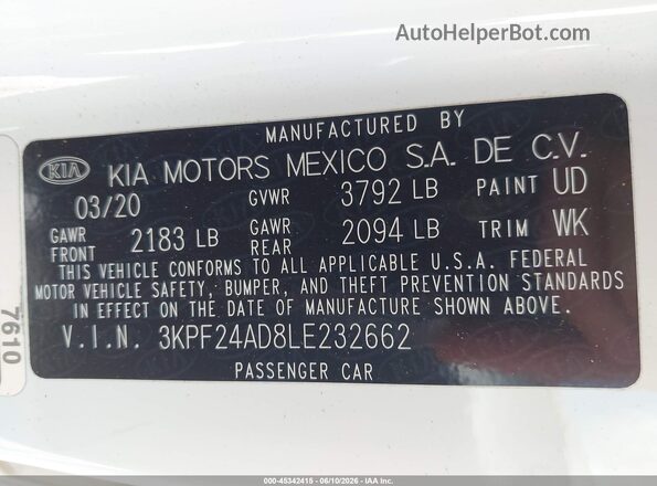 3KPF24AD8LE232662 2020 KIA FORTE White Շարժիչի բաժամունքի տեսք