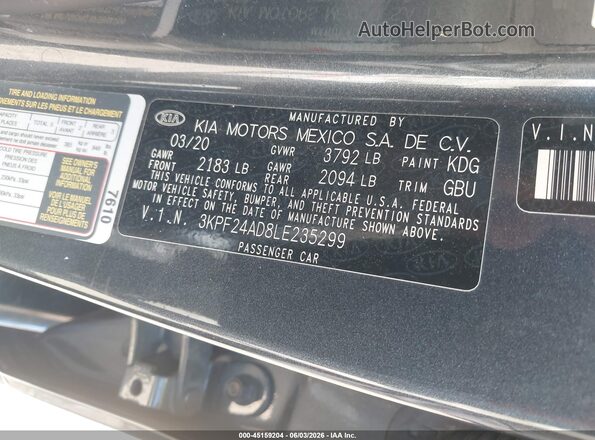 3KPF24AD8LE235299 2020 KIA FORTE Black Widok komory silnika