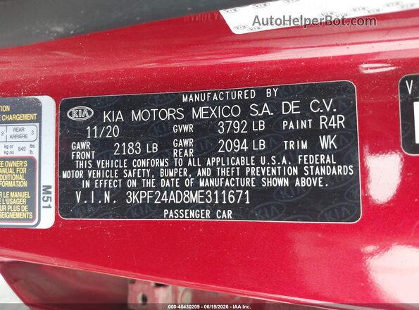 3KPF24AD8ME311671 2021 KIA FORTE Red Вид підкапотного простору