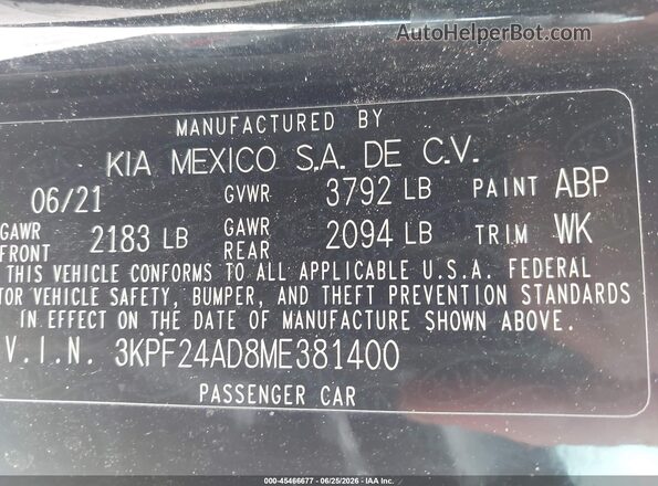 3KPF24AD8ME381400 2021 KIA FORTE Black Вид підкапотного простору