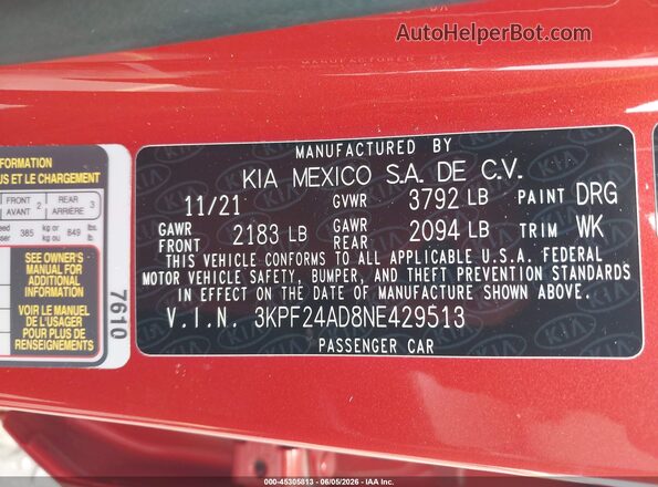 3KPF24AD8NE429513 2022 KIA FORTE Orange Շարժիչի բաժամունքի տեսք