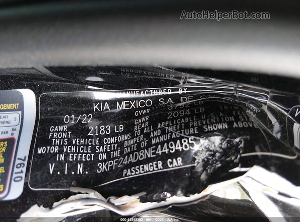 3KPF24AD8NE449485 2022 KIA FORTE Black Engine compartment view
