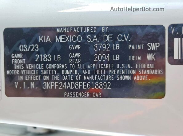 3KPF24AD8PE618892 2023 KIA FORTE White 