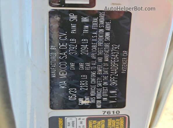 3KPF24AD8PE643792 2023 KIA FORTE White VIN sticker view