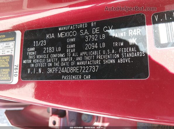 3KPF24AD8RE722737 2024 KIA FORTE Red Вид підкапотного простору