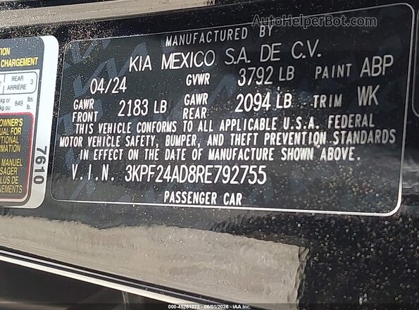 3KPF24AD8RE792755 2024 KIA FORTE Black Vista de la etiqueta del VIN