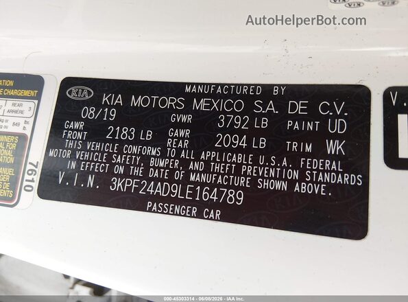 3KPF24AD9LE164789 2020 KIA FORTE Белый Вид подкапотного пространства