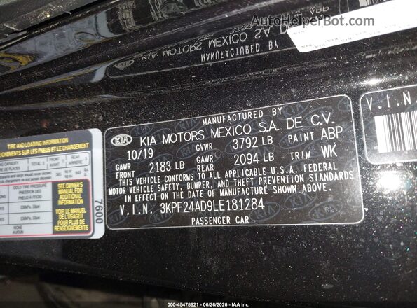 3KPF24AD9LE181284 2020 KIA FORTE Black ძრავის განყოფილების ხედი