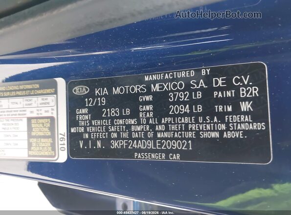 3KPF24AD9LE209021 2020 KIA FORTE Blue Engine compartment view