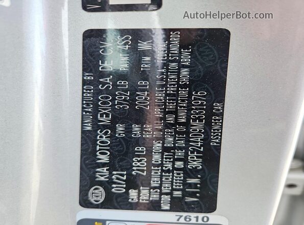 3KPF24AD9ME331976 2021 KIA FORTE Серебряный Вид наклейки с VIN-кодом