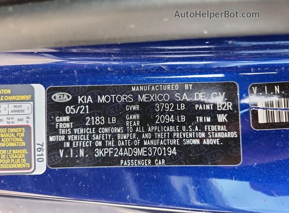 3KPF24AD9ME370194 2021 KIA FORTE Blue Vista del compartimento del motor