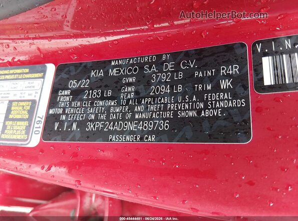 3KPF24AD9NE489736 2022 KIA FORTE Red Вид підкапотного простору