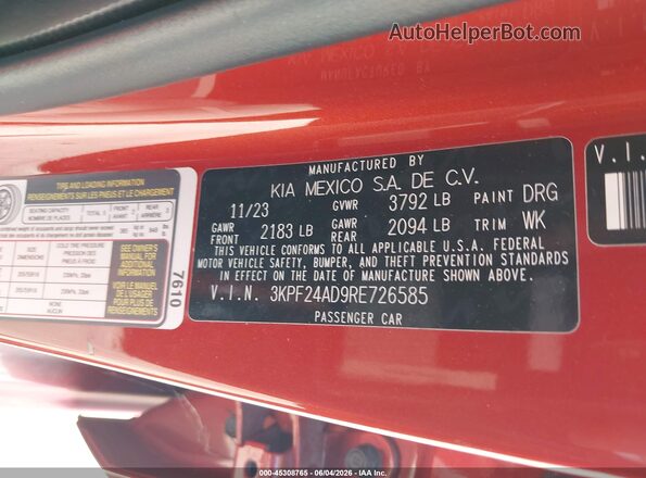 3KPF24AD9RE726585 2024 KIA FORTE Orange Widok komory silnika