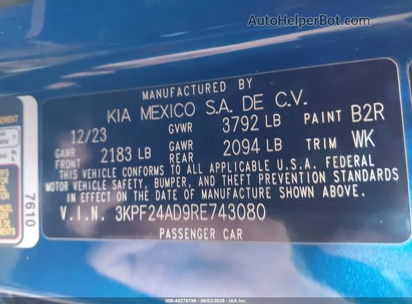 3KPF24AD9RE743080 2024 KIA FORTE Blue Շարժիչի բաժամունքի տեսք