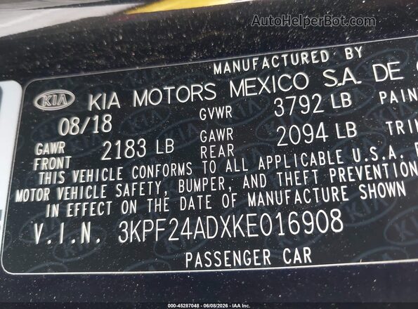 3KPF24ADXKE016908 2019 KIA FORTE Black Շարժիչի բաժամունքի տեսք