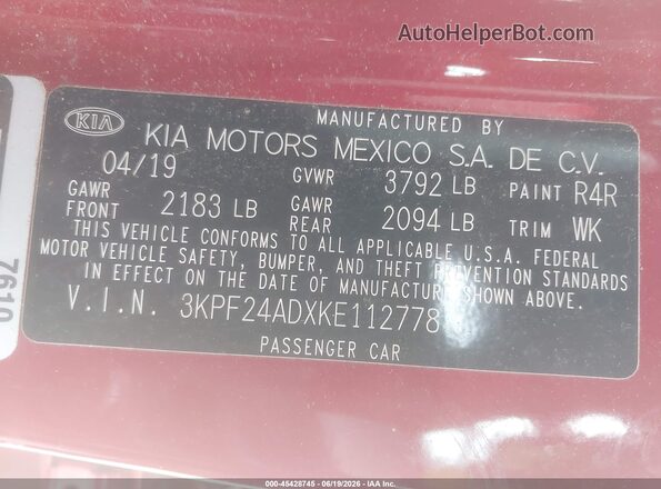 3KPF24ADXKE112778 2019 KIA FORTE Red Շարժիչի բաժամունքի տեսք