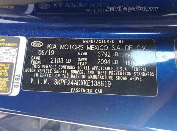3KPF24ADXKE138619 2019 KIA FORTE Blue 