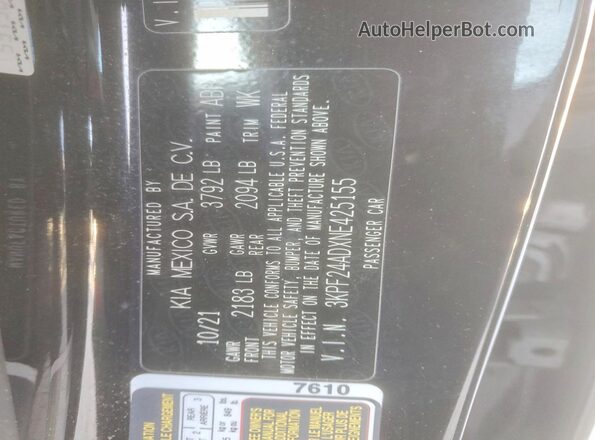 3KPF24ADXNE425155 2022 KIA FORTE Black 