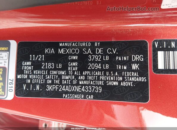 3KPF24ADXNE433739 2022 KIA FORTE Orange Вид підкапотного простору