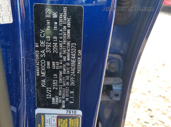 3KPF24ADXNE445373 2022 KIA FORTE Blue 
