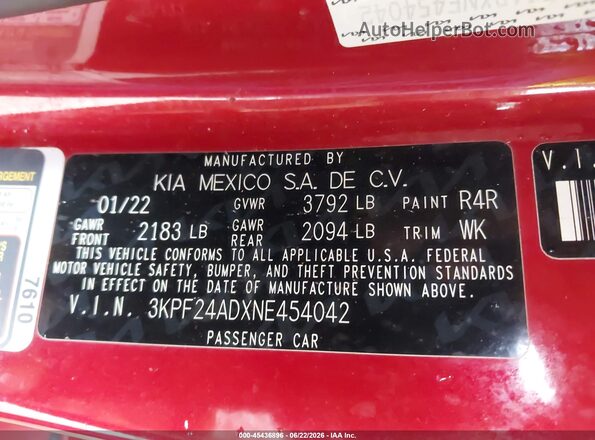 3KPF24ADXNE454042 2022 KIA FORTE Red Vista del compartimento del motor