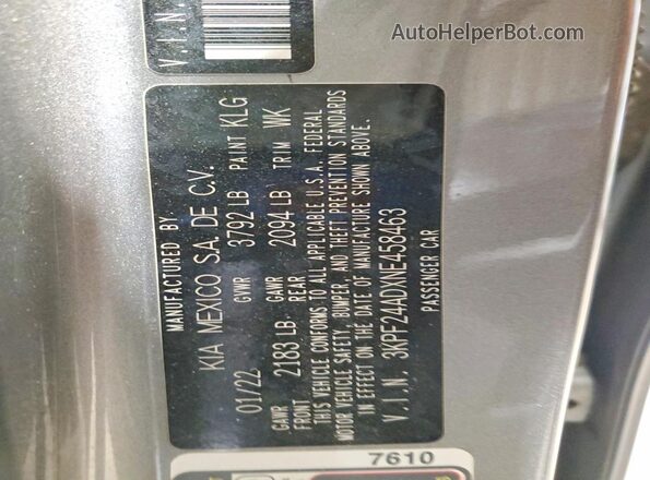 3KPF24ADXNE458463 2022 KIA FORTE Gray 