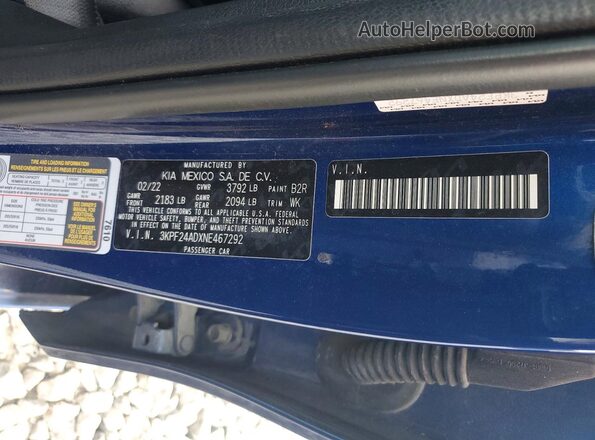 3KPF24ADXNE467292 2022 KIA FORTE Синий 