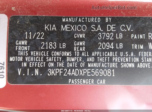 3KPF24ADXPE569081 2023 KIA FORTE Red Vista del compartimento del motor