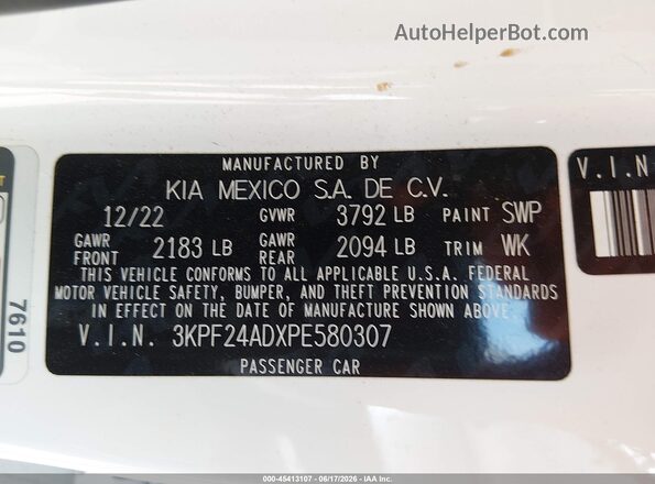 3KPF24ADXPE580307 2023 KIA FORTE White Շարժիչի բաժամունքի տեսք